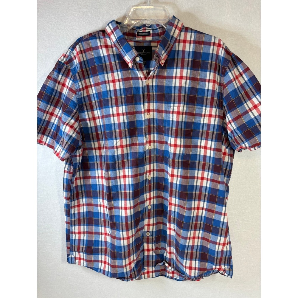 American Eagle Mens XXL Seriously Soft Plaid Short Sleeve Button Down Shirt Blue